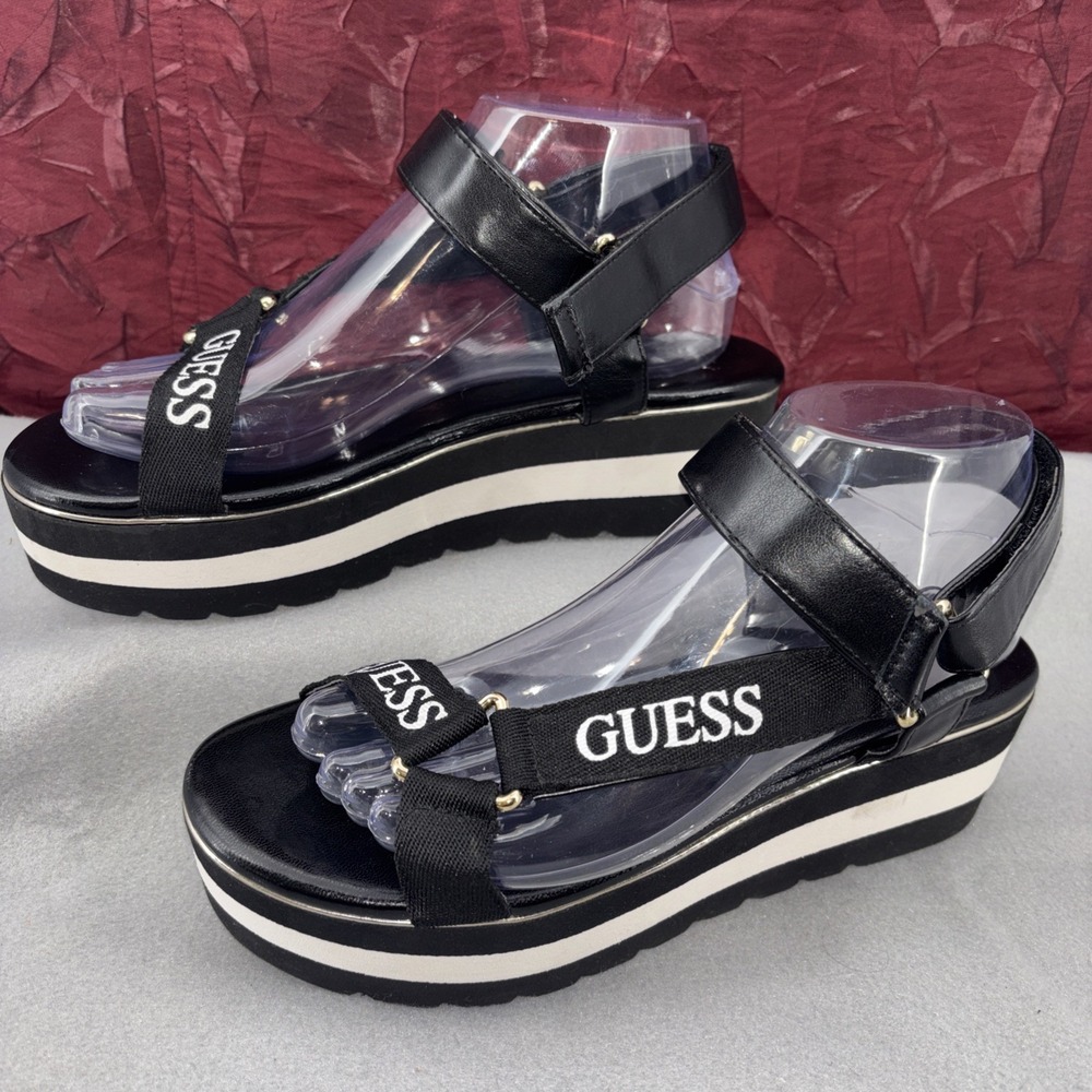Guess Black‎ & White Stripe Logo Hook & Loop Platform Sandals Size Women 8.5 EUC